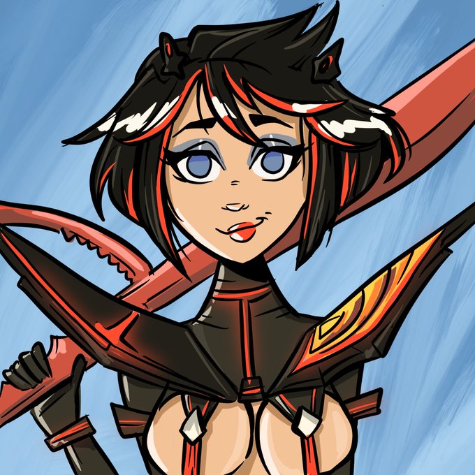 An anime-style female warrior with short black hair and blue eyes smiles confidently while wielding a large red scythe, dressed in dark armor with glowing orange accents against a blue background.