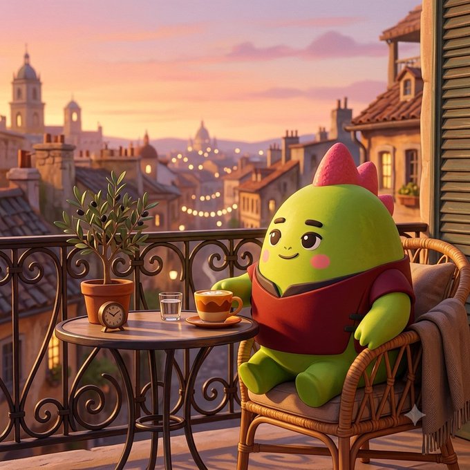 A cute green mascot with a pink crest sits contentedly on a wicker chair at a balcony café, enjoying a small cup of coffee against a romantic sunset cityscape backdrop, embodying the relaxed, wellness-focused vibe of the Sleepagotchi AI health ecosystem.