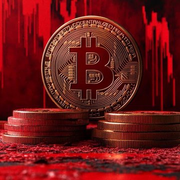 The image features a close-up view of a gold Bitcoin coin with the word "bitcoin" written on it. The coin has a red background that contrasts with its golden color. In front of the coin, there are three stacks of coins, each varying in size and shape. The largest stack is positioned at the bottom left corner, while the smallest stack is located at the top right corner. The middle stack appears to be slightly smaller than the others.