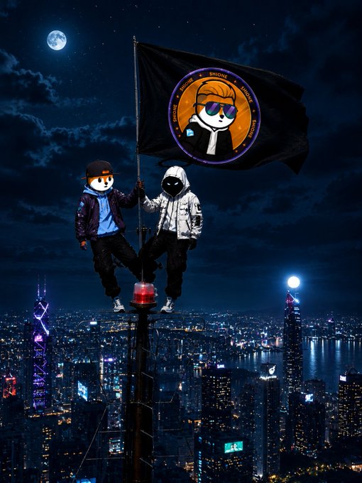 Two masked cartoon figures stand atop a towering structure over a sprawling nighttime cityscape, waving a black flag emblazoned with the "$HIONE" logo featuring a sunglasses-wearing character. The image visually echoes the post's "Good Night CT / Same tower, different night, still building $HIONE" message by portraying steadfast dedication to the $HIONE project from high above the city under a full moon.