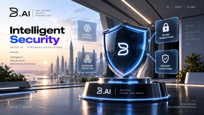 'B.AI' advertisement displaying 'Intelligent Security' with 'AI THREAT DETECTION', 'SECURE TRANSACTIONS', 'BLOCKCHAIN PROTECTION', and 'RESILIENT ECOSYSTEMS' features arranged around a glowing shield with the B.AI logo.