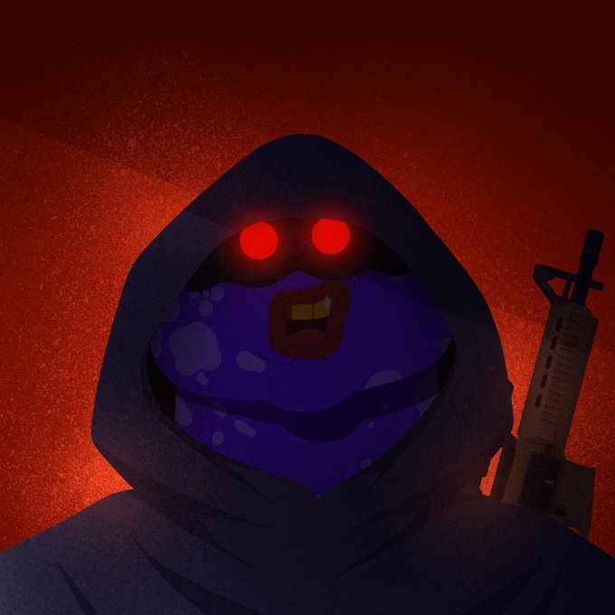 An animated character with glowing red eyes and a menacing expression wears a dark hooded cloak, with a rifle visible against a dark red background.