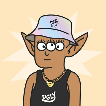 A cartoon character with three eyes, pointed ears, and a smiling expression wearing a bucket hat and tank top, both branded with the word 'UGLY'.
