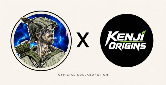 A logo collaboration announcement between an illustrated hunter character in a hat and 'Kenji Origins', labeled 'OFFICIAL COLLABORATION'.