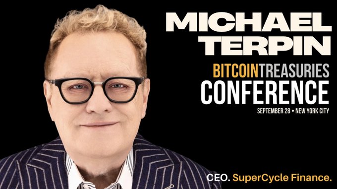 A promotional banner for the 'BITCOIN TREASURIES CONFERENCE' in New York City on September 28, featuring a portrait of Michael Terpin, CEO of SuperCycle Finance.