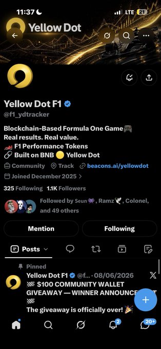 A Twitter/X profile page for 'Yellow Dot F1' (@f1_ydtracker), a blockchain-based Formula One game built on BNB with Yellow Dot, showing a pinned post about a $100 community wallet giveaway.