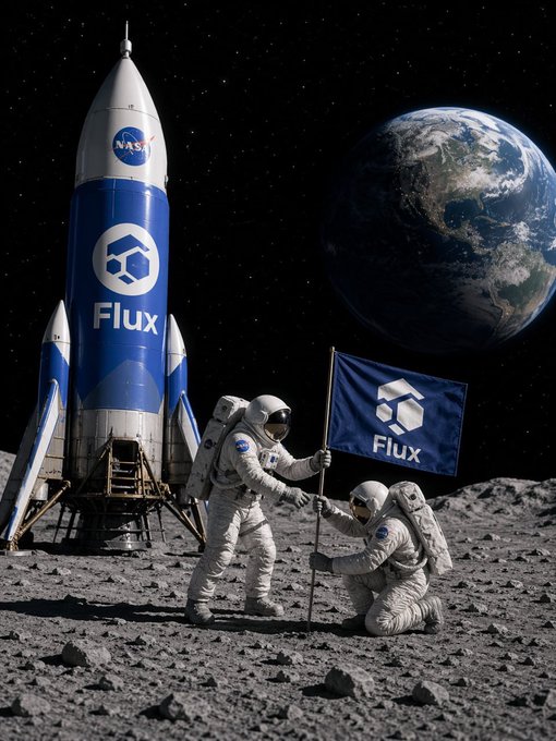 Two astronauts on the moon's surface plant a 'Flux' branded flag next to a rocket ship bearing both NASA and 'Flux' logos, with Earth visible in the starry background.