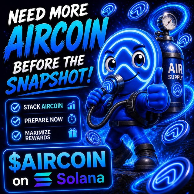 The image features a blue cartoon character holding an air compressor, with the text "Need more Aircoin before the Snapshot!" displayed above them. Below this, there are instructions for setting up an Airdrop system using the provided image of the character as a guide. The background is dark and filled with neon blue lights that match the color scheme of the character's outfit.