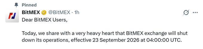 Pinned tweet from BitMEX (@BitMEX) announcing that the exchange will shut down operations effective 23 September 2026 at 04:00:00 UTC.