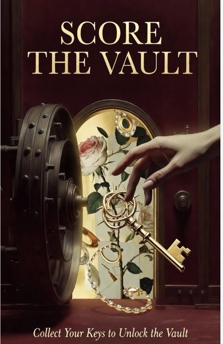 A movie-style poster with the title 'SCORE THE VAULT' and tagline 'Collect Your Keys to Unlock the Vault', showing an open safe with jewels and a hand reaching for an ornate key.