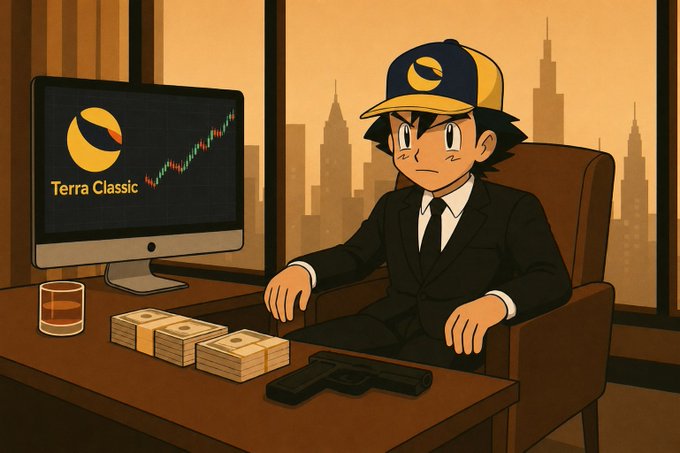 Ash Ketchum sits in a dimly lit office in a sharp black suit, his iconic cap resting low, with stacks of cash, a glass of whiskey, and a handgun on the desk in front of a monitor displaying the "Terra Classic" logo and a bullish candlestick chart. The image leans into the post's hype about $LUNC hitting $1, showing a fantasy of sudden crypto wealth with a hint of mobster swagger.