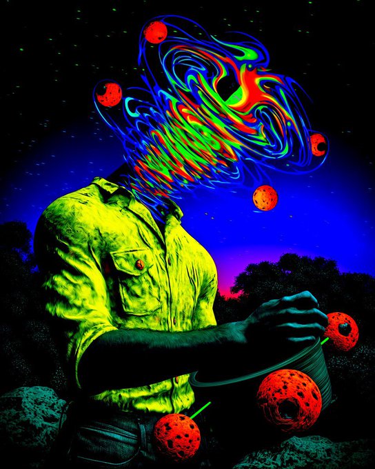 A figure in a yellow shirt, whose head dissolves into a swirling vortex of neon colors and floating red planets, juggles a turntable with three vinyl records, evoking a psychedelic music experience. The cosmic, "trippy" visuals mirror the post's uplifting call to "shine bright" by ITIA.