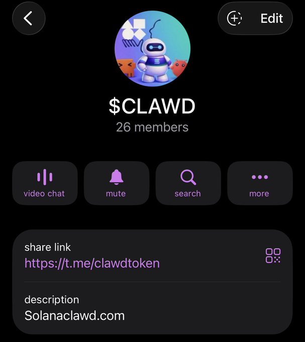 Telegram group page for $CLAWD with 26 members, featuring a robot mascot logo, share link https://t.me/clawdtoken, and description 'Solanaclawd.com'.