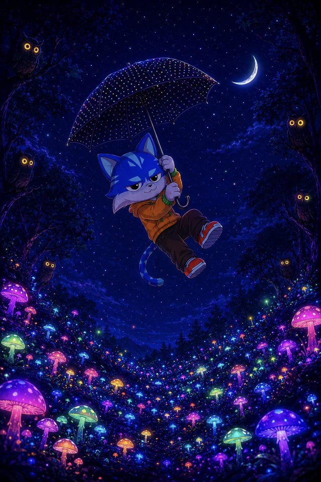 A blue cat character floats through a magical night sky, holding a star-patterned umbrella above a glowing forest of colorful mushrooms while curious owls watch from the trees. The whimsical, adventurous imagery aligns with the $TOSHI COIN theme, evoking the playful and mystical nature of the "largest cat coin in the world."