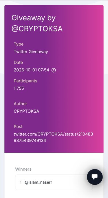 A "Giveaway by @CRYPTOKSA" winner announcement card on app-sorteos.com showing a Twitter Giveaway dated 2026-10-01 with 1,755 participants, declaring @islam_naserr as the winner — directly corresponding to the Arabic congratulatory post verifying the authenticity of this giveaway via the app-sorteos link.