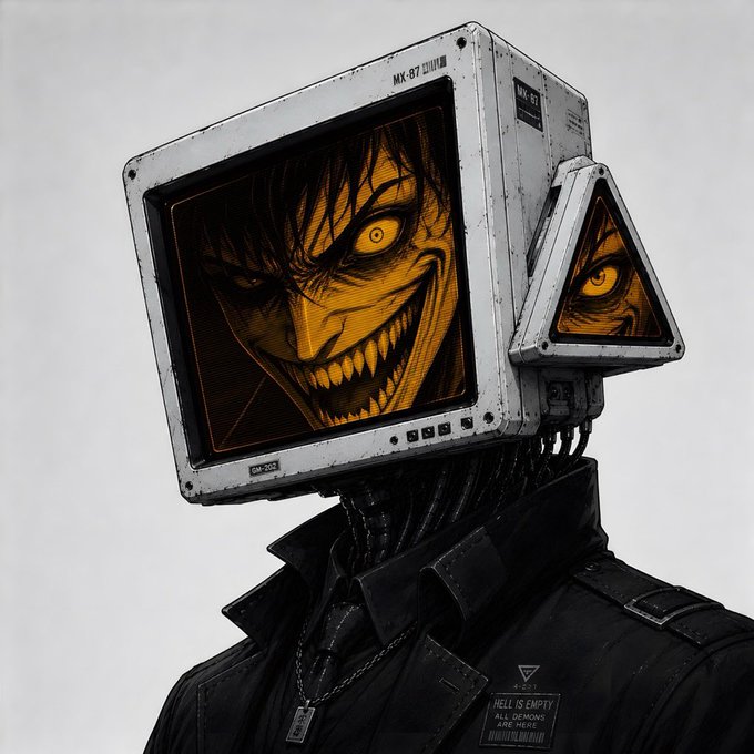 A digital illustration depicts a menacing humanoid figure with a yellow, grinning face displayed on a CRT monitor for a head, featuring a secondary triangular screen on the side and a label reading 'HELL IS EMPTY ALL DEMONS ARE HERE'.