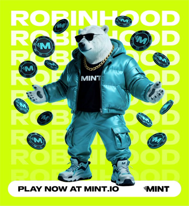 An advertisement featuring a polar bear in sunglasses, a teal puffer jacket, and a "MINT" t-shirt surrounded by floating coins, with text reading "ROBINHOOD" in the background and "PLAY NOW AT MINT.IO" at the bottom.