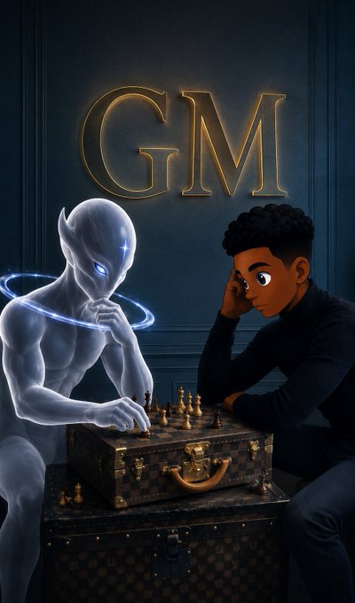 An animated illustration of a glowing blue alien playing chess against a young man under the letters "GM" (Good Morning).