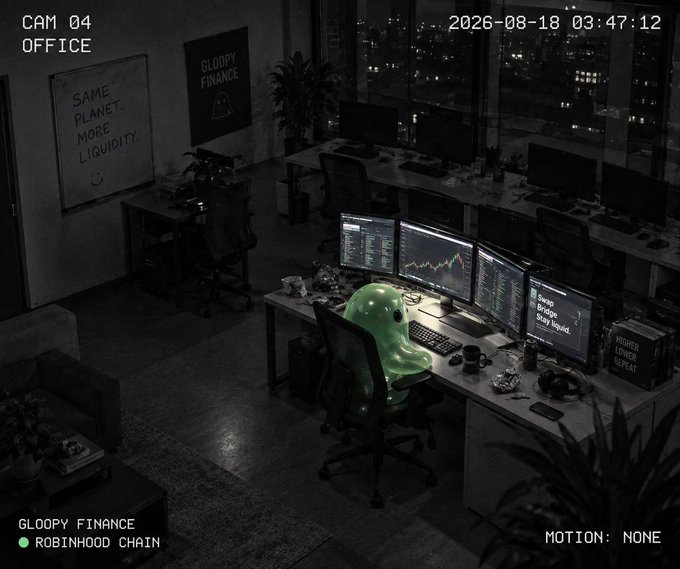 A security camera feed labeled 'CAM 04 OFFICE' shows a person in a green ghost costume sitting at a multi-monitor trading desk, with a poster reading 'SAME PLANET. MORE LIQUIDITY.' and 'GLOOPY FINANCE' and 'ROBINHOOD CHAIN' watermarks.
