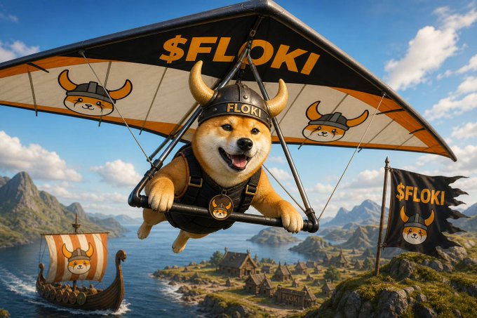 A Shiba Inu dog wearing a Viking helmet branded with 'FLOKI' pilots a hang glider displaying '$FLOKI' above a Viking village and longship, promoting the Floki cryptocurrency.