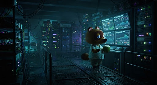 A stylized digital artwork featuring Tom Nook (the raccoon character from Animal Crossing) standing in a dark, atmospheric server room holding a tennis ball, surrounded by glowing computer equipment and monitors.
