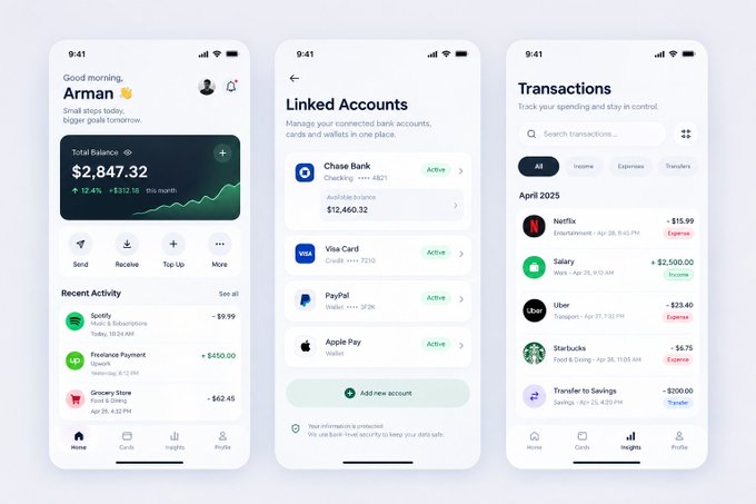 The image showcases three screens of a sleek mobile banking app featuring a home dashboard with a $2,847.32 total balance, a linked accounts page displaying Chase Bank, Visa Card, PayPal, and Apple Pay, and a transactions history showing entries from Netflix, Salary, Uber, Starbucks, and a Transfer.

The minimalist design directly reinforces the post's "Clean Enough to Manage Your Money?" caption by demonstrating how an uncluttered, intuitive interface can make financial management feel approachable and effortless.