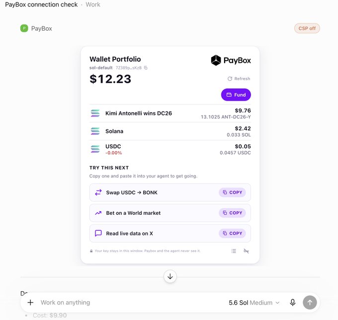 A PayBox wallet portfolio interface displays a total balance of $12.23, showing holdings including 'Kimi Antonelli wins DC26' ($9.76), Solana ($2.42), and USDC ($0.05).