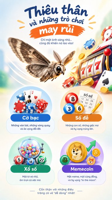 A Vietnamese promotional graphic titled 'Thiều thần và những trò chơi may rủi' featuring a moth, a slot machine, playing cards, and icons for 'Cờ bạc' (Gambling), 'Số đề' (Lottery), 'Xổ số' (Lottery), and 'Memecoin' categories.