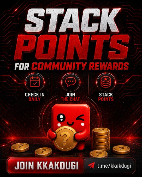 A promotional graphic titled 'STACK POINTS FOR COMMUNITY REWARDS' featuring a red cartoon character holding a coin, with icons for 'CHECK IN DAILY', 'JOIN THE CHAT', and 'STACK POINTS', and a call to 'JOIN KKAKDUGI' at t.me/kkakdugi.