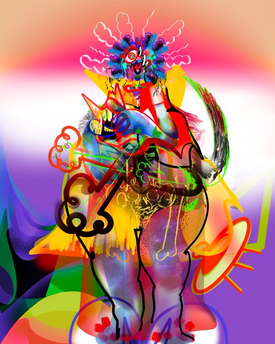 A vibrant, abstract digital illustration of a stylized figure with multiple eyes, colorful hair, and graffiti-like elements set against a pink and purple gradient background.