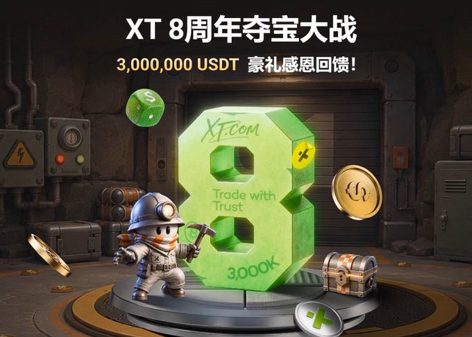 An advertisement with Chinese text 'XT 8周年夺宝大战' and '3,000,000 USDT 豪礼感恩回馈!' featuring a green gem shaped like an '8' with 'XT.COM' and '3000K' written on it.