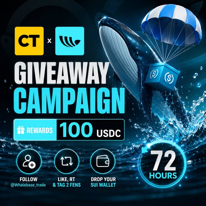 A promotional giveaway graphic featuring a whale with a parachute carrying a $S token box, advertising a 100 USDC reward campaign by CT and Whalebase with instructions to follow @Whalebase_trade, like/RT and tag 2 friends, and drop a SUI wallet address within 72 hours.