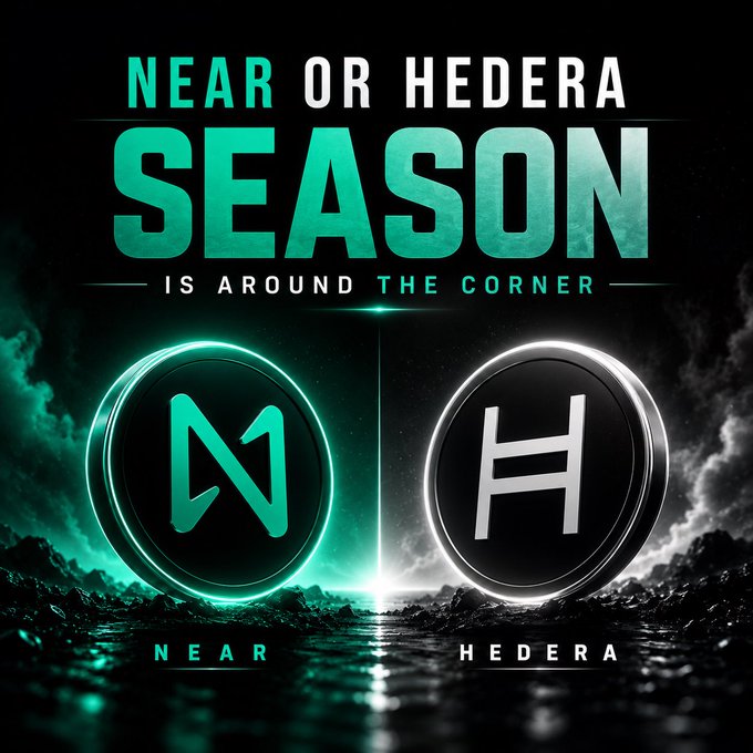 A promotional image for an upcoming crypto season featuring two coin logos side by side, with text reading "NEAR OR HEDERA SEASON IS AROUND THE CORNER," highlighting the NEAR (N) and Hedera (H) tokens to build anticipation for their respective market rallies.