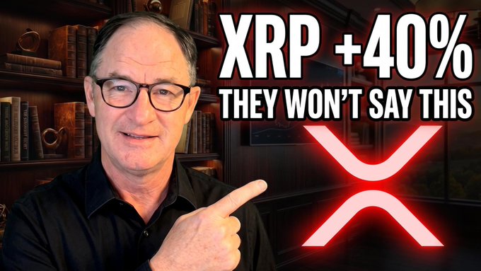 YouTube thumbnail featuring a man in glasses pointing at text reading 'XRP +40% THEY WON'T SAY THIS' with the red XRP logo.