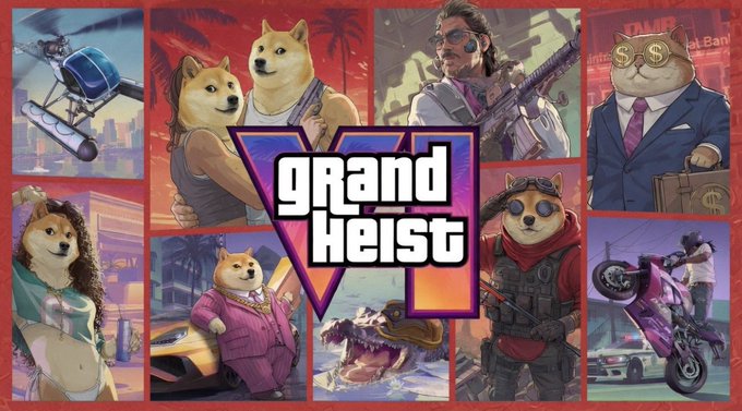 The image features a collage of various cartoonish doggie characters, including a Shiba Inu dog wearing a pink jacket with a black collar, a Shiba Inu dog dressed as a mannequin, and other dogs in different outfits. The collage is titled "Grand Heist" and includes the words "Grand Heist" at the top and bottom of the image. The post also mentions that the game will be released soon, which suggests that it could be related to the cartoonish characters featured in the image or a promotional campaign for the game.