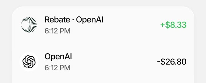 A mobile payment notification showing an OpenAI charge of -$26.80 at 6:12 PM with an 'Rebate · OpenAI' refund of +$8.33.