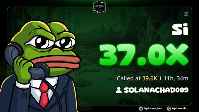 A promotional crypto graphic featuring the Pepe the Frog meme character in a business suit on a phone, displaying a '37.0x' multiplier result called at 39.6K with username SOLANACHADO09 and the handle @phanes.bot.