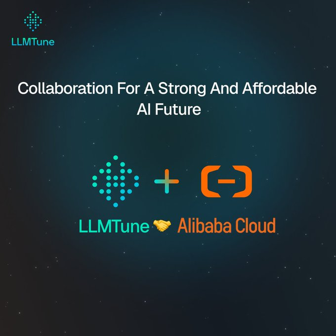 A dark promotional graphic announcing 'Collaboration For A Strong And Affordable AI Future' featuring the LLMTune and Alibaba Cloud logos.