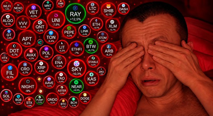 A man rubbing his eyes in distress overlaid with a red graphic showing various cryptocurrency tickers including WLFI, NEXO, VET, MNT, RAY, LTC, SHIB, DASH, ALGO, VVV, UNI, ETH, XLM, GT, QNT, PEPE, LINK, ATOM, APT, TON, LIT, BTW, ARB, DOT, POL, AVAX, ETHFI, HTX, FIL, CRO, XRP, ENA, SKY, NIGHT, AAVE, TAO, KAS, SOL, BGB, STX, PUMP, ONDO, BTC, BCH, DOGE, with most showing negative percentage changes.