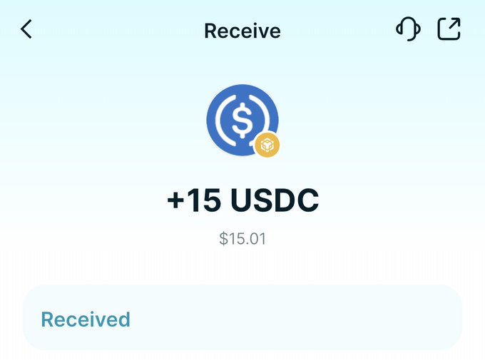 A 'Receive' screen showing a successful transaction of '+15 USDC' totaling '$15.01' with a 'Received' status button.