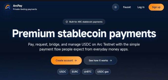 The image shows a website called "ArchePay" that offers premium stablecoin payments for users. The website has a clean, modern design with a blue background and white text. It features a signup form where users can create an account and start making payments using stablecoins. The website also provides information about the payment process and how it works, as well as details on the types of stablecoins supported by the platform.