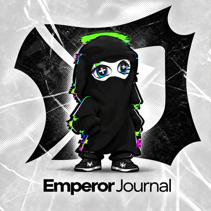 A digital illustration of a chibi-style character wearing a black ninja-like hooded outfit and mask, with neon green hair accents, standing in front of a large black logo on a grey background, with text reading 'Emperor Journal'.