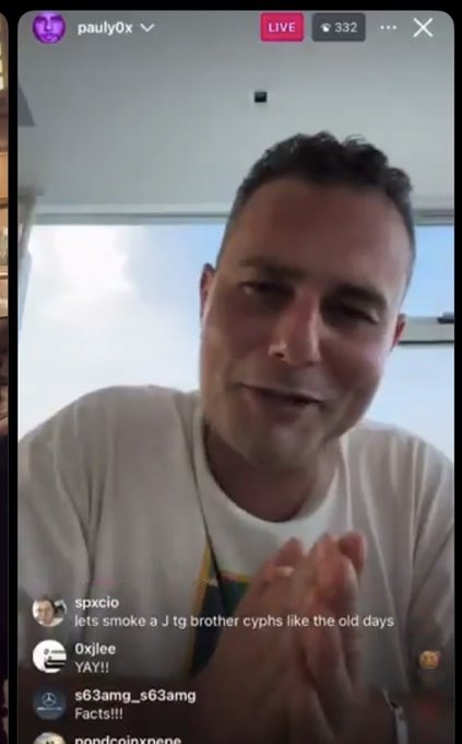 A man in a white t-shirt appears in a live stream from "pauly0x" with 332 viewers, his hands clasped together near his chin while visible chat messages discuss smoking and exclaim "YAY!!" The context provided suggests this is from a Pond0x stream, where the man (identified as Pauly0x) is accused of scamming viewers, with the caption claiming he struggles to contain his laughter while deceiving his audience.