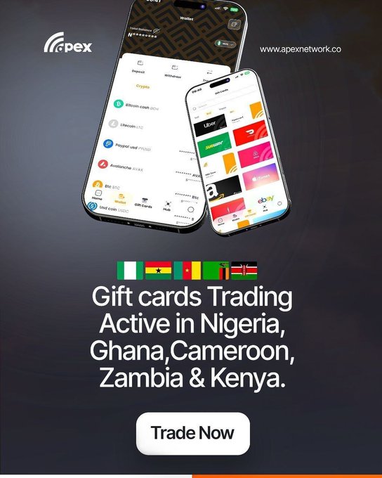 An advertisement for Apex Network showing two smartphones displaying crypto wallet apps, promoting gift card trading active in Nigeria, Ghana, Cameroon, Zambia & Kenya.