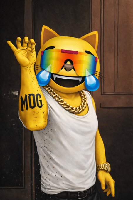 A cartoon yellow cat character in a white tank top with 'MDG' tattoo, wearing rainbow sunglasses and gold chains, posing against a wooden door.