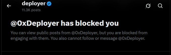 The image features a screenshot of a Twitter message that reads "@OxDeeper has blocked you". The message appears to be a response from someone named "@oxdeeper" who has blocked another user, possibly due to disagreements or controversial views shared on their account. The hashtag "#OxDeper #blocked", along with the names of other users involved in the interaction (such as "@VIRTUAL #ROOTAI"), provide context for this situation on social media platform Twitter.