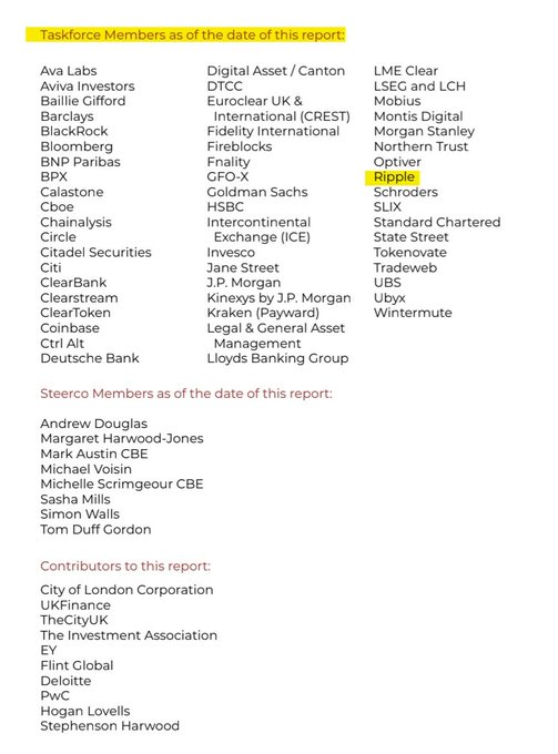 The image shows a list of Taskforce Members, Steering Committee Members, and Contributors to a report, with "Ripple" highlighted in yellow—confirming Ripple's inclusion among major financial institutions like Goldman Sachs, HSBC, JPMorgan, and Lloyds Banking Group as part of HM Treasury's Wholesale Digital Markets taskforce, as referenced in the post about the UK's roadmap for financial tokenization and DLT adoption.