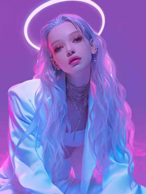 A stylized portrait of a young woman with long wavy platinum hair, wearing a white outfit and cross necklaces, surrounded by purple and blue neon lighting with a glowing halo above her head.