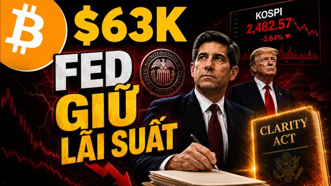 The image shows a man in front of the Federal Reserve seal, with Bitcoin, $63K, and KOSPI stocks falling, possibly relating to Kevin Warsh rewriting rules and market panic. The text "FED GIỮ LÃI SUẤT", translating to "FED KEEPS INTEREST RATES," is prominently displayed along with the "CLARITY ACT."