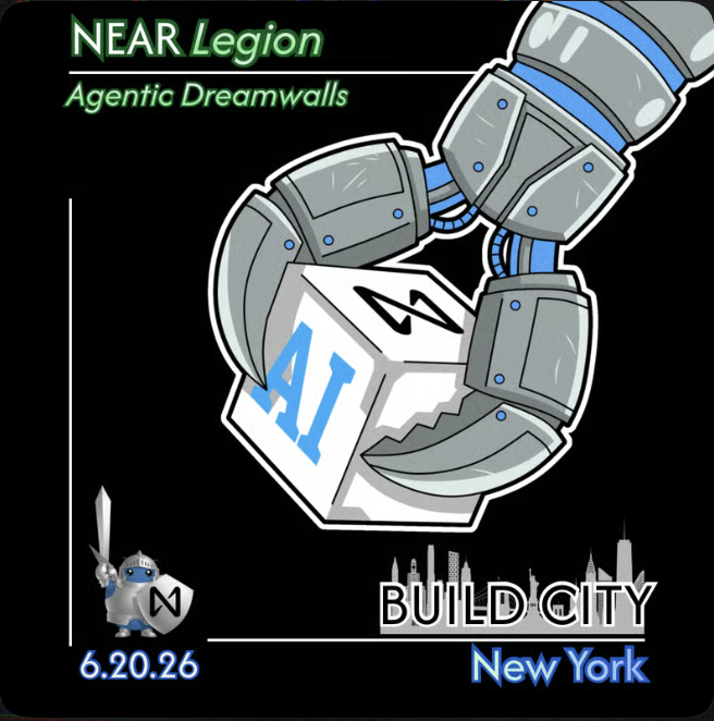 The image features a cartoon robot claw grabbing an AI cube, which has the letters "AI" written on it. The caption below the image reads "Why would we not be part of NYC'S generational run? Build your dream agent on $NEAR". This suggests that the image is promoting a new video game or virtual reality experience called "Build City", where players can build and manage their own cities using AI technology.